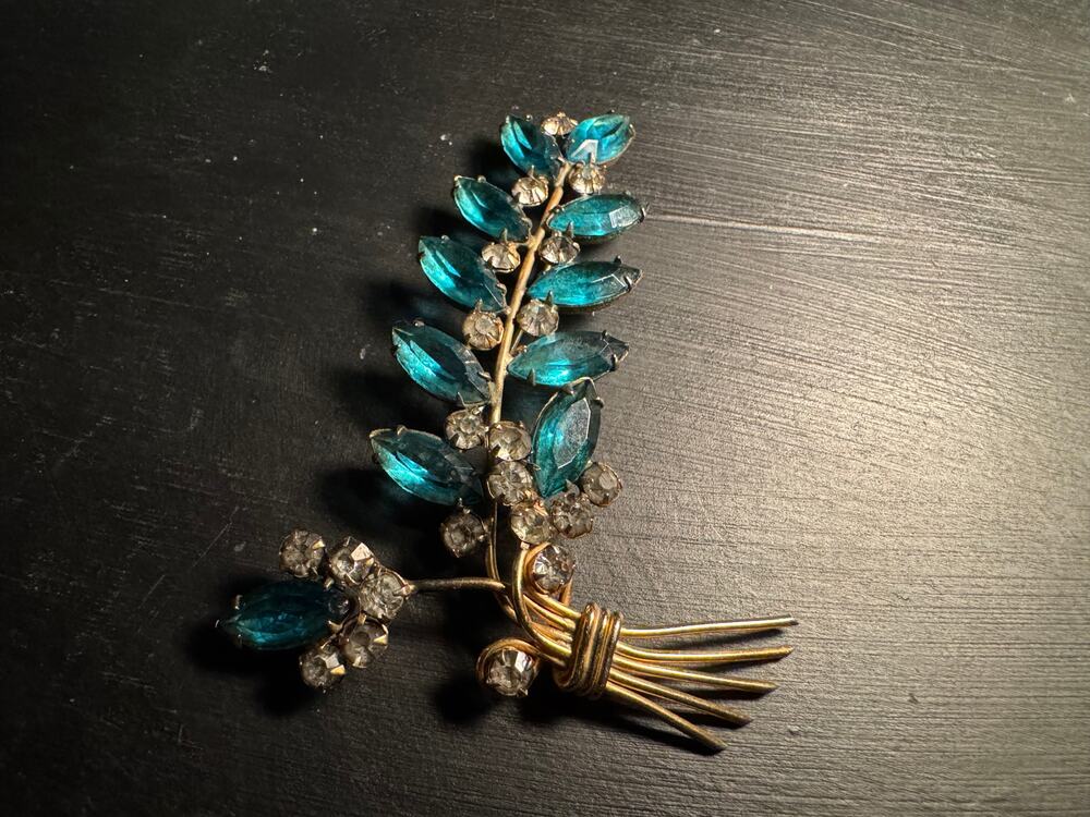 Vintage Large Aqua/Teal Marquis Cut Glass Rhinestones Czech Brooch